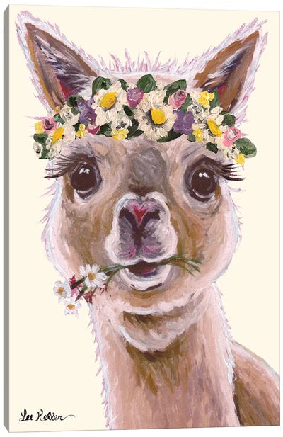 Alpaca With Flower Crown On Blush Canvas Art Print - Hippie Hound Studios