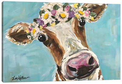 Cow With Flower Crown On Turquoise Canvas Art Print - Art for Girls
