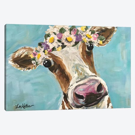 Cow With Flower Crown On Turquoise Canvas Print #HHS92} by Hippie Hound Studios Canvas Art Print