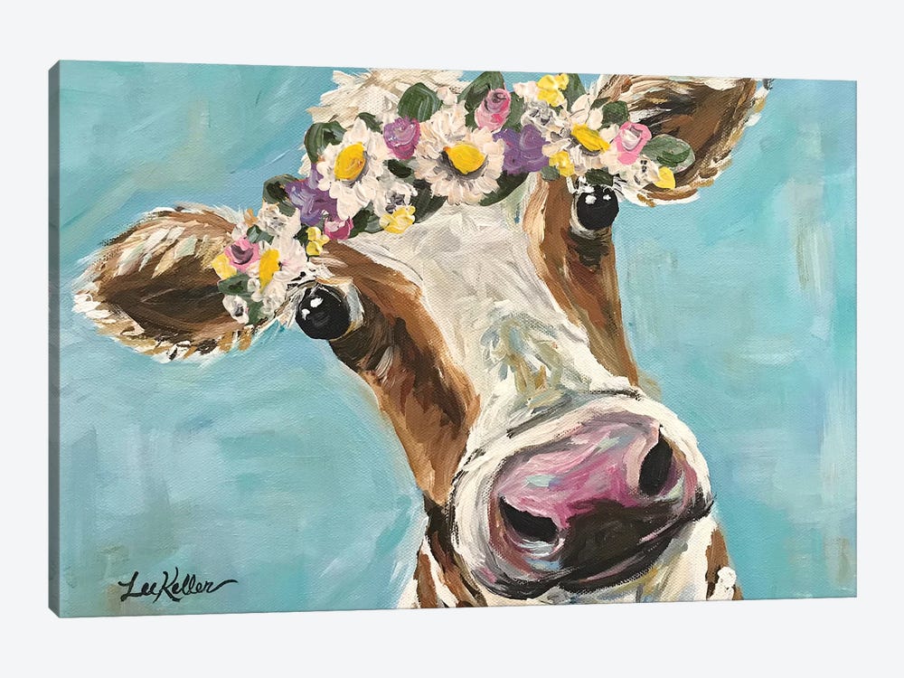 Cow With Flower Crown On Turquoise by Hippie Hound Studios 1-piece Art Print