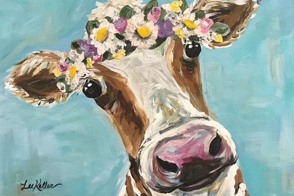 Daisies: Cow With Flower Crown On Turquoise by Hippie Hound Studios