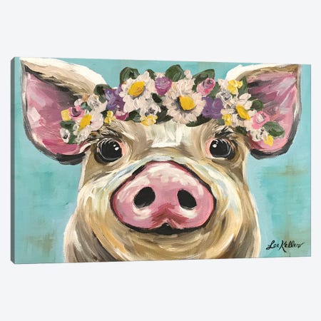 Pig With Flower Crown On Turquoise Canvas Print #HHS93} by Hippie Hound Studios Canvas Print