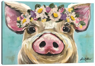 Pig With Flower Crown On Turquoise Canvas Art Print - Nursery Room Art