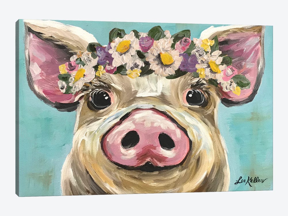 Pig With Flower Crown On Turquoise by Hippie Hound Studios 1-piece Canvas Wall Art