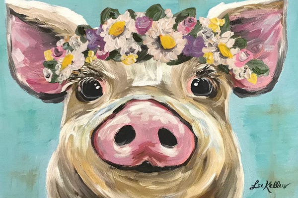 Pigs: Pig With Flower Crown On Turquoise by Hippie Hound Studios