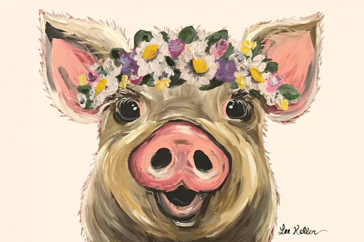 Pig With Flower Crown On Blush by Hippie Hound Studios wall art