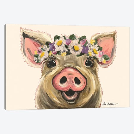 Pig With Flower Crown On Blush Canvas Print #HHS94} by Hippie Hound Studios Canvas Wall Art