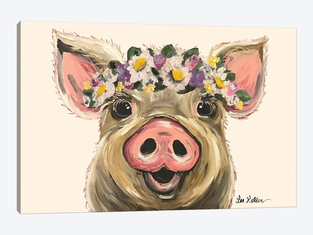 Pig With Flower Crown On Blush by Hippie Hound Studios 1-piece Canvas Print