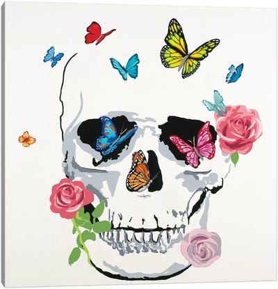 Butterfly Flower Skull Canvas Art Print - Monarch Butterflies