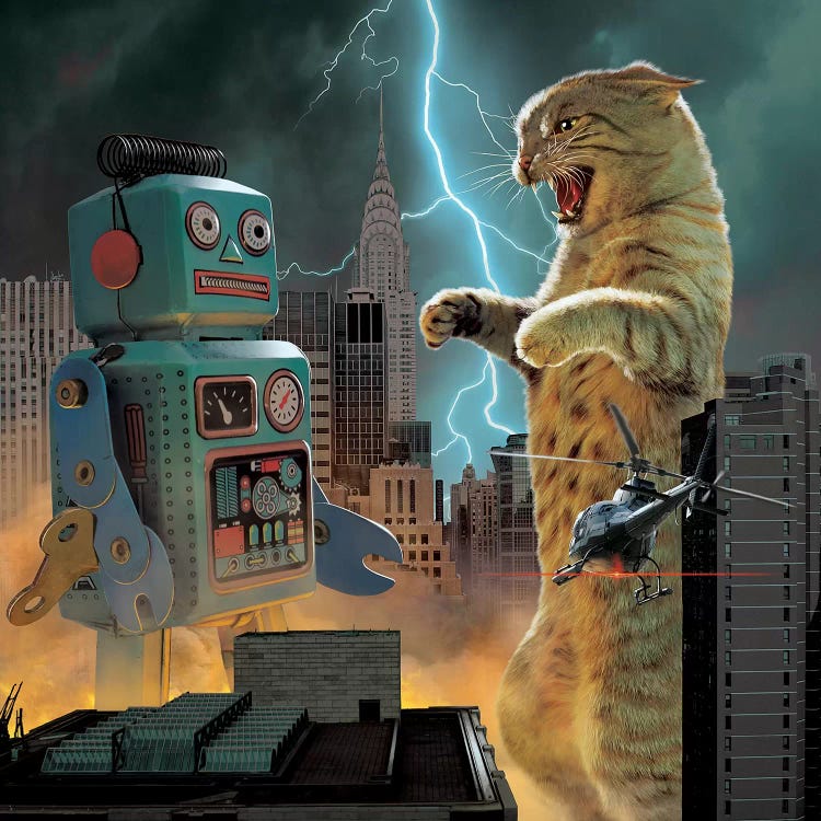 Catzilla Vs Robot  by Vincent Hie wall art