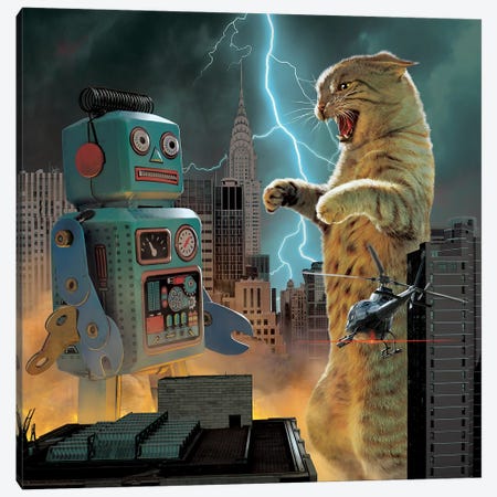 Catzilla Vs Robot  Canvas Print #HIE70} by Vincent Hie Canvas Wall Art