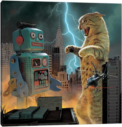 Catzilla Vs Robot  Canvas Art Print - Animal Humor Art