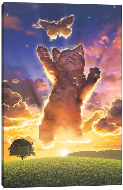 Cloud Kitten Sunset Canvas Art Print - Witty Humor Art