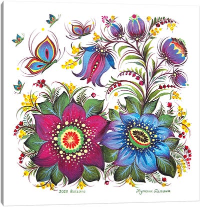 Flowers And Butterflies Canvas Art Print - Halyna Kulaga