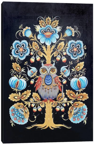 Owl On The Tree Canvas Art Print - Halyna Kulaga