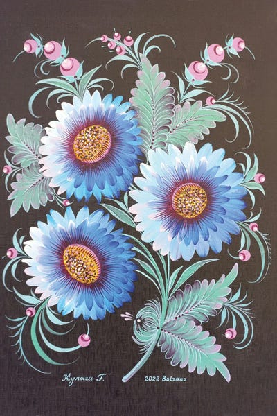 Gerbera Daisies: Three Blue Herbers by Halyna Kulaga
