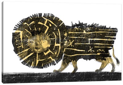 Charcoal XIV With Lion Canvas Art Print - Black, White & Yellow Art