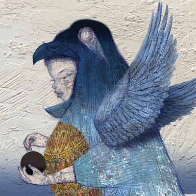 Indigo I Bird And Black Ball by Hiroyuki Kurava metal wall art