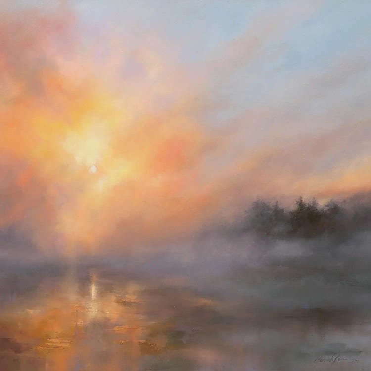 A Study In Sunset - Sun Setting Through Mist Over Reservoir by Hannah Kerwin wall art