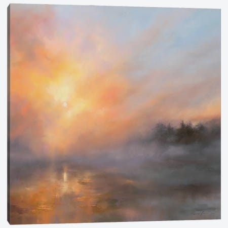 A Study In Sunset - Sun Setting Through Mist Over Reservoir Canvas Print #HKW1} by Hannah Kerwin Canvas Print