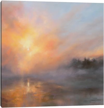 A Study In Sunset - Sun Setting Through Mist Over Reservoir Canvas Art Print - Mist & Fog Art