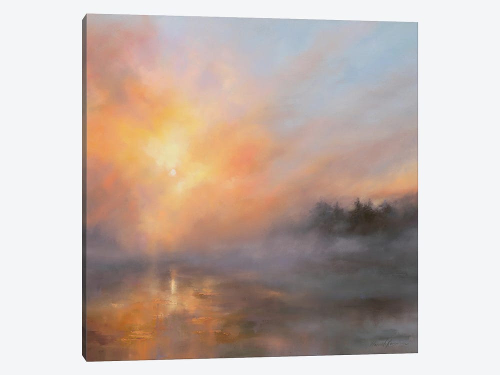 A Study In Sunset - Sun Setting Through Mist Over Reservoir by Hannah Kerwin 1-piece Canvas Art Print
