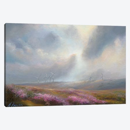 Sewing Earth To Sky. - Wind Farm On The Heather Moors Canvas Print #HKW23} by Hannah Kerwin Canvas Wall Art