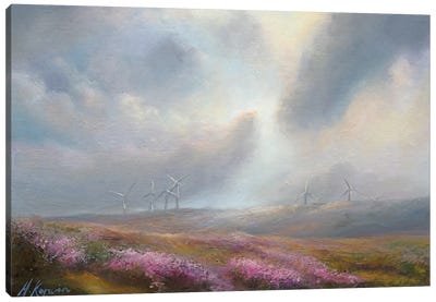 Sewing Earth To Sky. - Wind Farm On The Heather Moors Canvas Art Print - Hannah Kerwin