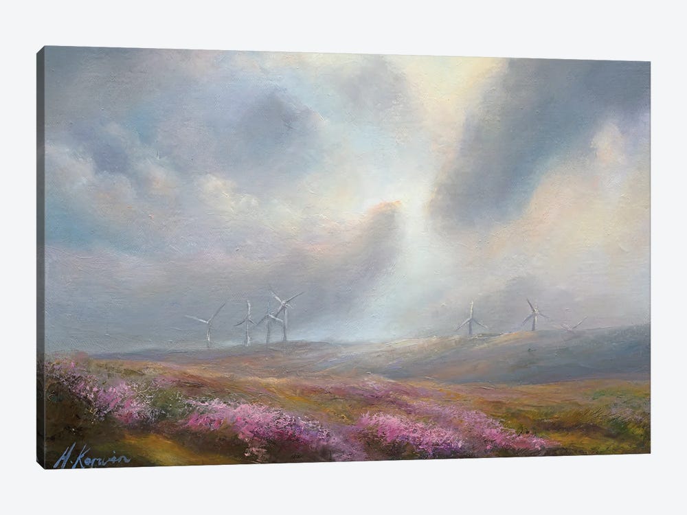 Sewing Earth To Sky. - Wind Farm On The Heather Moors by Hannah Kerwin 1-piece Canvas Artwork