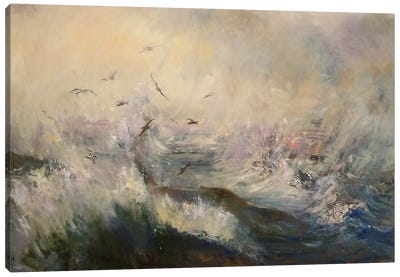 Storm Spray And Gulls Fearsome Weather, Whitby North Yorkshire Canvas Art Print - Hannah Kerwin