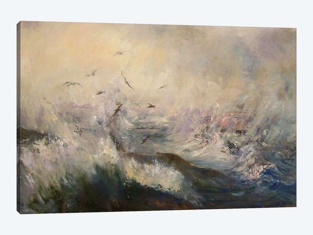 Storm Spray And Gulls Fearsome Weather, Whitby North Yorkshire by Hannah Kerwin 1-piece Canvas Art Print