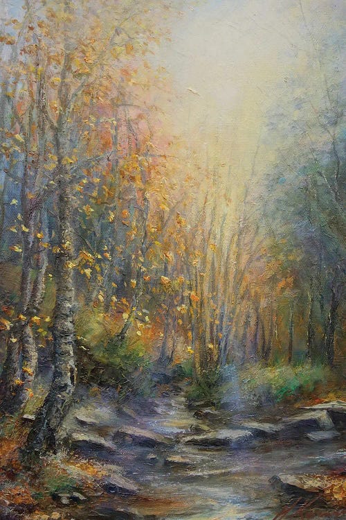 Autumn Woodland Sun Rays On Water - Stepping Stones On Stream by Hannah Kerwin wall art