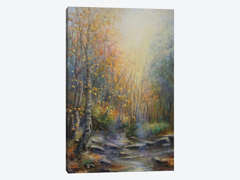 Autumn Woodland Sun Rays On Water - Stepping Stones On Stream by Hannah Kerwin 1-piece Canvas Print