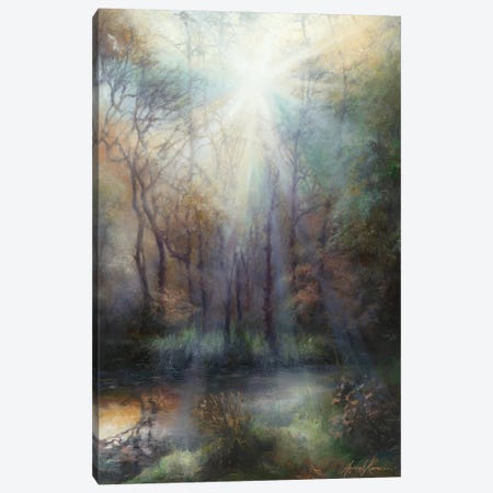 Early Spring - Light Effect Through Trees On Woodland Pool Canvas Print #HKW7} by Hannah Kerwin Canvas Art