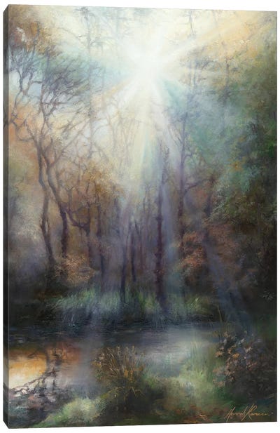 Early Spring - Light Effect Through Trees On Woodland Pool Canvas Art Print - Hannah Kerwin