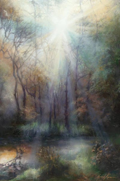 Hannah Kerwin: Early Spring - Light Effect Through Trees On Woodland Pool by Hannah Kerwin