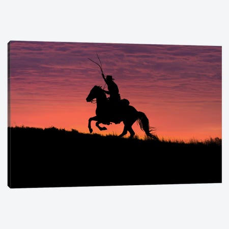USA, Wyoming, Shell, The Hideout Ranch, Silhouette of Cowboy and Horse at Sunset  Canvas Print #HLO42} by Hollice Looney Canvas Print