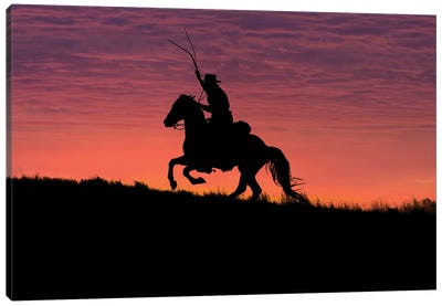 USA, Wyoming, Shell, The Hideout Ranch, Silhouette of Cowboy and Horse at Sunset  Canvas Art Print - Golden Hour