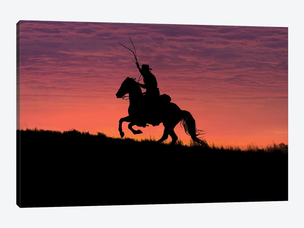 USA, Wyoming, Shell, The Hideout Ranch, Silhouette of Cowboy and Horse at Sunset  by Hollice Looney 1-piece Canvas Art Print