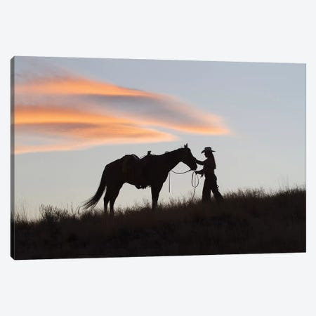 USA, Wyoming, Shell, The Hideout Ranch, Silhouette of Cowgirl with Horse at Sunset I Canvas Print #HLO43} by Hollice Looney Canvas Print