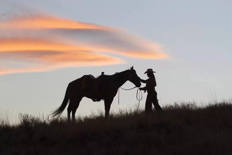 USA, Wyoming, Shell, The Hideout Ranch, Silhouette of Cowgirl with Horse at Sunset I