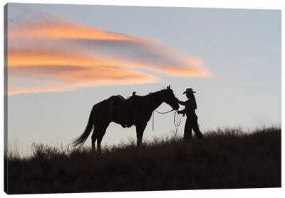 USA, Wyoming, Shell, The Hideout Ranch, Silhouette of Cowgirl with Horse at Sunset I Canvas Art Print