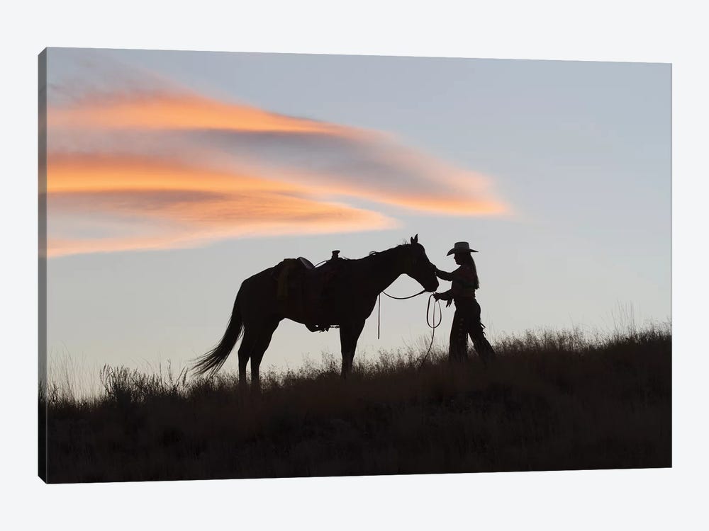 USA, Wyoming, Shell, The Hideout Ranch, Silhouette of Cowgirl with Horse at Sunset I by Hollice Looney 1-piece Canvas Art