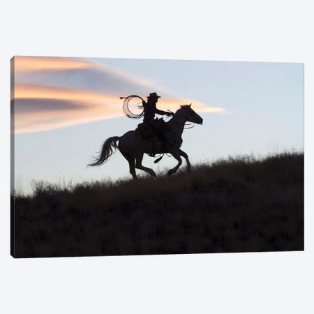 USA, Wyoming, Shell, The Hideout Ranch, Silhouette of Cowgirl with Horse at Sunset II Canvas Print #HLO44} by Hollice Looney Canvas Artwork