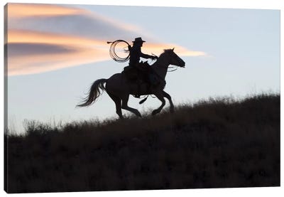 USA, Wyoming, Shell, The Hideout Ranch, Silhouette of Cowgirl with Horse at Sunset II Canvas Art Print