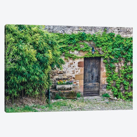 Wooden Doorway In Vine Covered Stone Wall, Cordes-sur-Ciel, France Canvas Print #HLO51} by Hollice Looney Canvas Wall Art