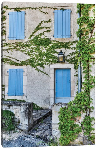 Home With Blue Shutters, Lot River Valley, France Canvas Art Print - Ivy & Vines