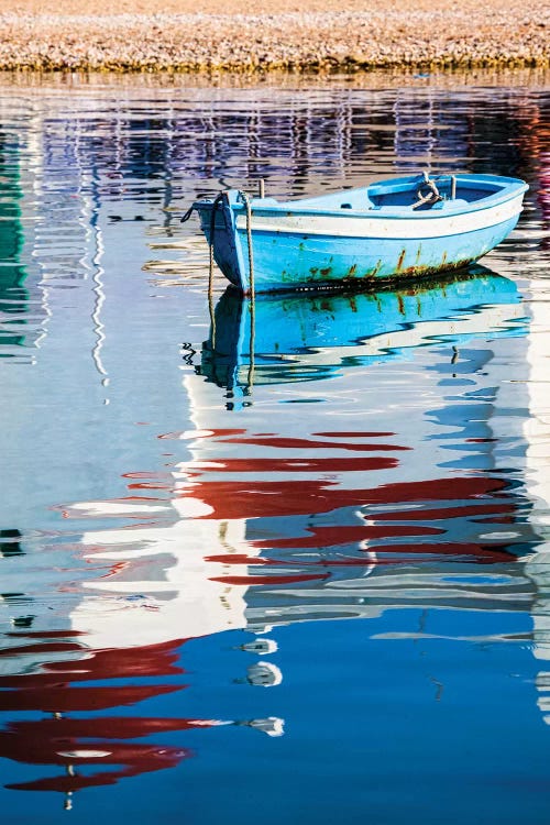 Greece, Mykonos, Hora, Fishing Boat and Reflection of a Church in the Water