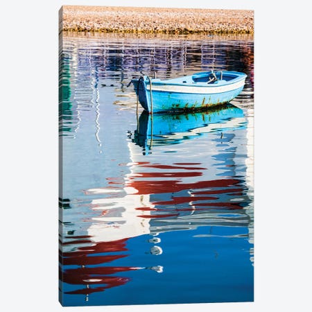 Greece, Mykonos, Hora, Fishing Boat and Reflection of a Church in the Water Canvas Print #HLO5} by Hollice Looney Canvas Wall Art