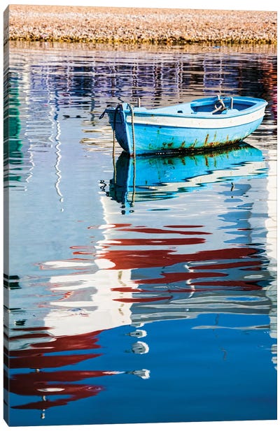 Greece, Mykonos, Hora, Fishing Boat and Reflection of a Church in the Water Canvas Art Print - Mykonos Art